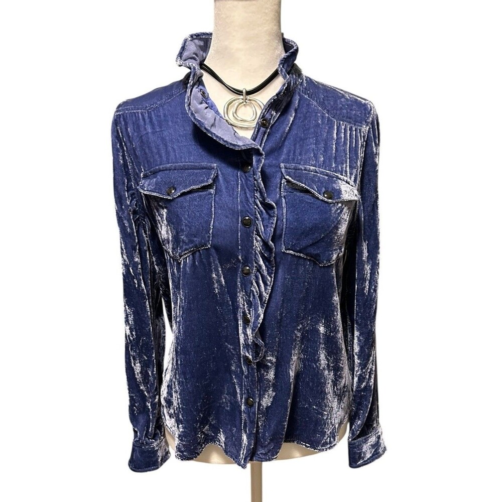 Sundance Silk Velvet Western Top Snap Front Blouse XS PETITE Ruffled Trim Indigo